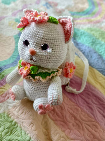 Handmade 3D Crochet Cat Crossbody Bag – Cute Floral Kitten Knitted Purse for Girls & Women
