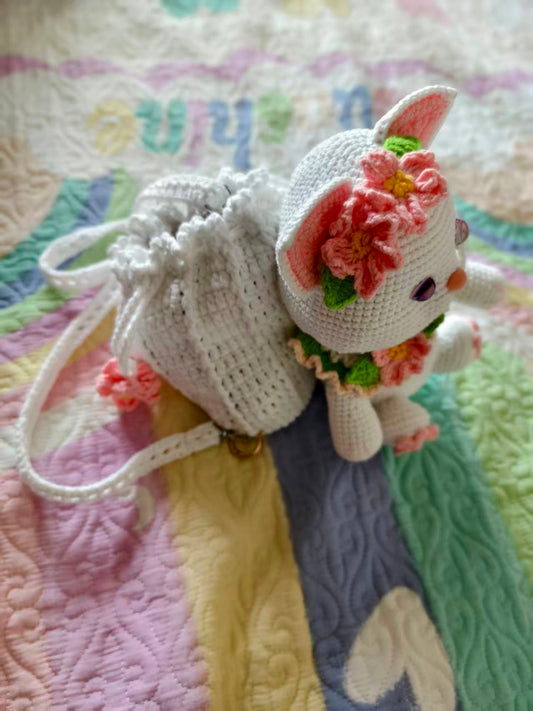 Handmade 3D Crochet Cat Crossbody Bag – Cute Floral Kitten Knitted Purse for Girls & Women