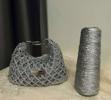Metallic Silver Handmade Crochet Hobo Bag - Knit Woven Mini Top Handle Purse with Chain