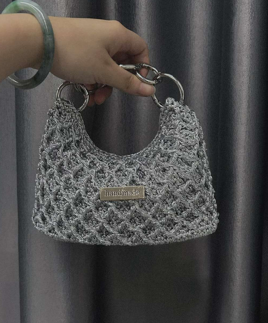 Metallic Silver Handmade Crochet Hobo Bag - Knit Woven Mini Top Handle Purse with Chain