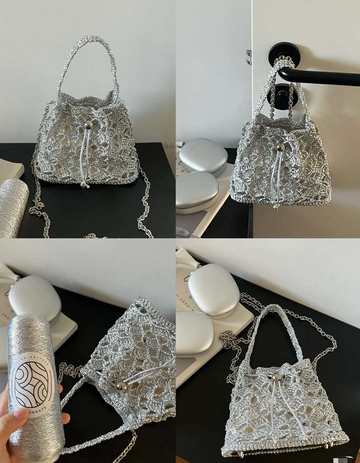 Metallic Silver Crochet Bag | Handmade Hollow Knit Tote for Party & Daily