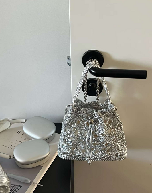 Metallic Silver Crochet Bag | Handmade Hollow Knit Tote for Party & Daily