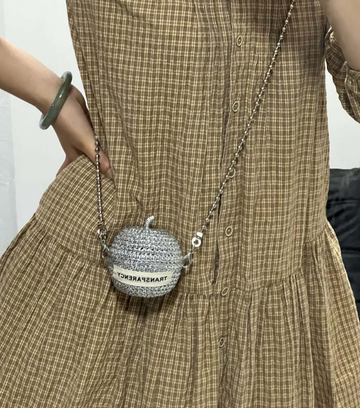 Metallic Silver Handmade Crochet Apple Mini Bag - Shiny Knit Crossbody Coin Purse with Chain