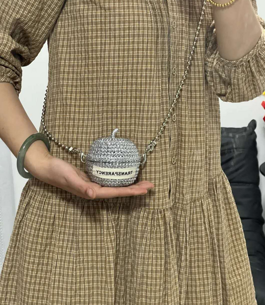 Metallic Silver Handmade Crochet Apple Mini Bag - Shiny Knit Crossbody Coin Purse with Chain