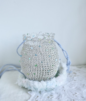 Handmade Silver Mesh Beaded Drawstring Bucket Bag | Crossbody Purse