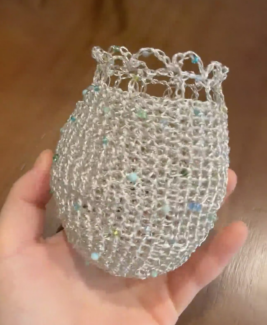 Handmade Silver Mesh Beaded Drawstring Bucket Bag | Crossbody Purse
