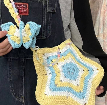 ✨Handmade Crochet Star Bag – Premium Structured Yarn Granny Square Tote in Red Yellow Green & Pastel Shades with Butterfly Charm