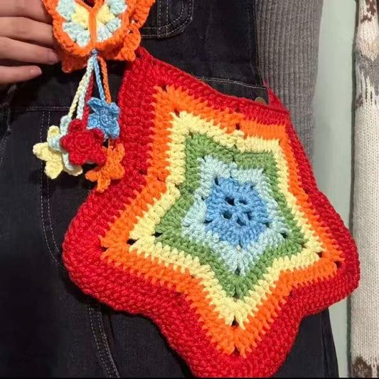 ✨Handmade Crochet Star Bag – Premium Structured Yarn Granny Square Tote in Red Yellow Green & Pastel Shades with Butterfly Charm