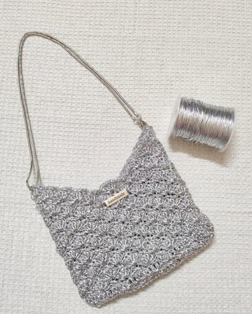 Handmade Silver Crochet Shoulder Bag – Metallic Knit Handbag, Sparkly Mini Tote, Y2K Fashion Purse, Evening Party Bag for Women
