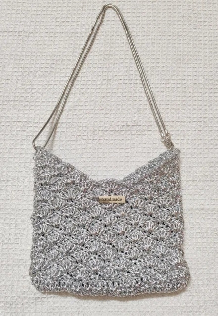 Handmade Silver Crochet Shoulder Bag – Metallic Knit Handbag, Sparkly Mini Tote, Y2K Fashion Purse, Evening Party Bag for Women