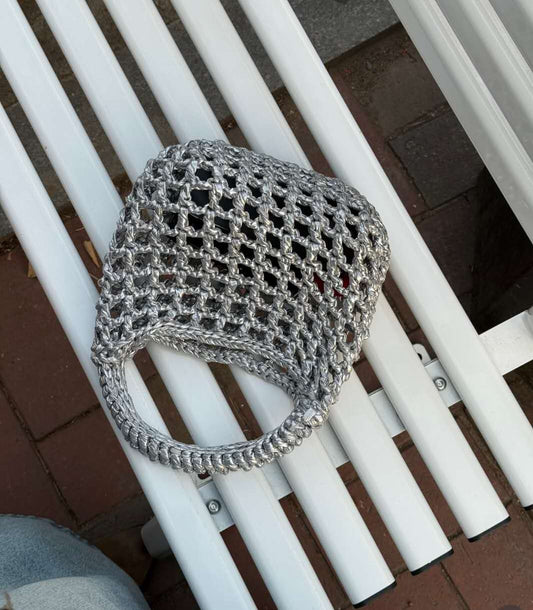 Metallic Silver Handmade Crochet Bag Hollow Openwork Knit Top Handle Tote