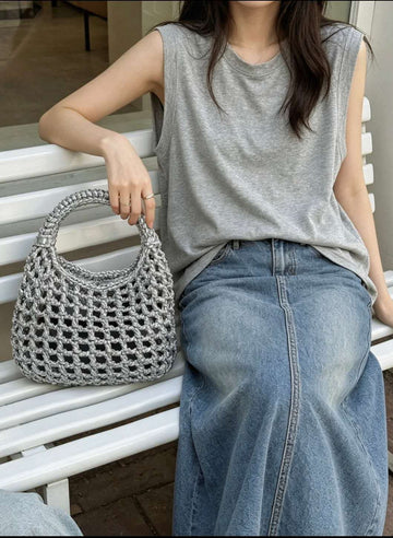 Metallic Silver Handmade Crochet Bag Hollow Openwork Knit Top Handle Tote