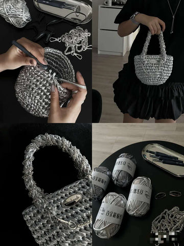Metallic Silver Handmade Crochet Bag Hollow Openwork Knit Top Handle Tote