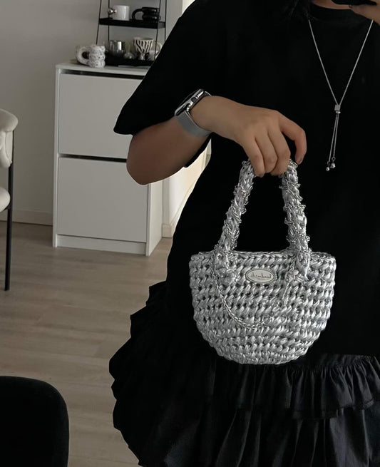 Metallic Silver Handmade Crochet Bag Hollow Openwork Knit Top Handle Tote