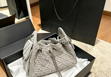 Grey Handmade Crochet Diamond Quilted Shoulder Bag - Knit Woven Drawstring Tote with Metal Chain
