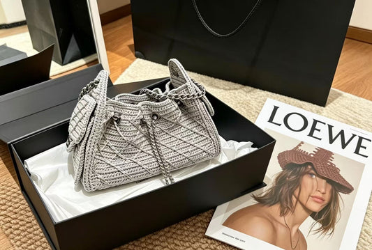 Grey Handmade Crochet Diamond Quilted Shoulder Bag - Knit Woven Drawstring Tote with Metal Chain