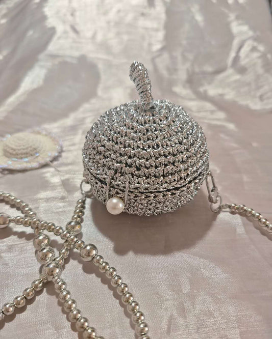 Mini Apple Shape Knit Purse | Handcrafted Silver Thread Jewelry Storage Bag