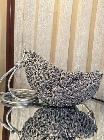 Handmade Silver Crochet Crescent Crossbody Bag | Metallic Woven Purse