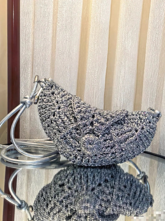 Handmade Silver Crochet Crescent Crossbody Bag | Metallic Woven Purse