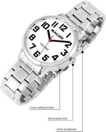 MAUJOY Talking Unisex Quartz Watch with Stainless Steel Extendable Strap