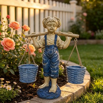 Adorable Little Girl Garden Statue with Hanging Flower Baskets | Resin Outdoor Patio Yard Lawn Ornament Decor