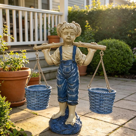 Adorable Little Girl Garden Statue with Hanging Flower Baskets | Resin Outdoor Patio Yard Lawn Ornament Decor