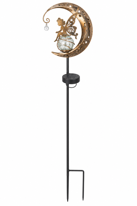 Solar moon fairy stake light with clear teardrop bead, single light, 80 cm total height including ground stake